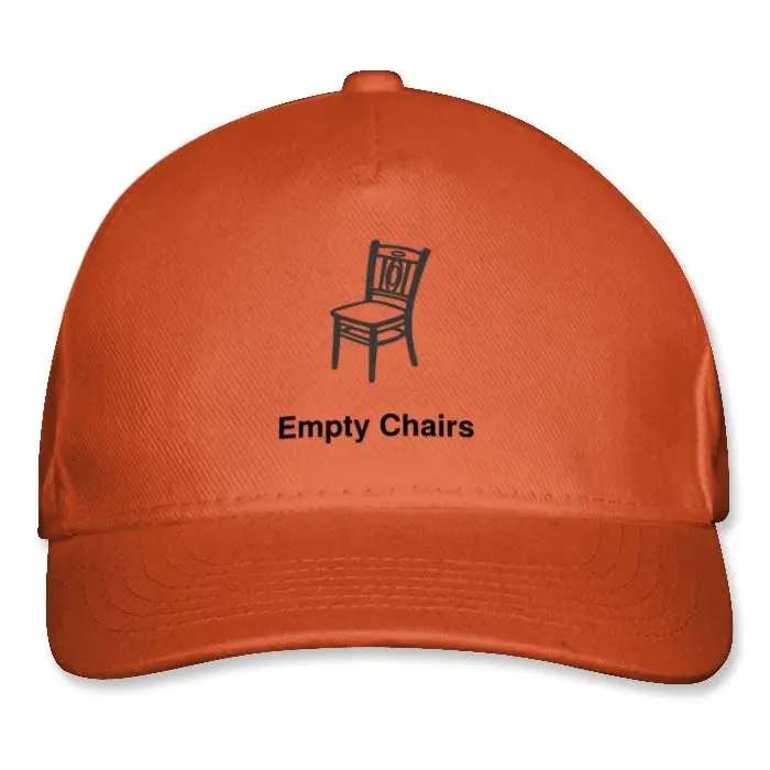 An orange Empty Chairs baseball cap with the chair logo and wordmark embroidered on the front