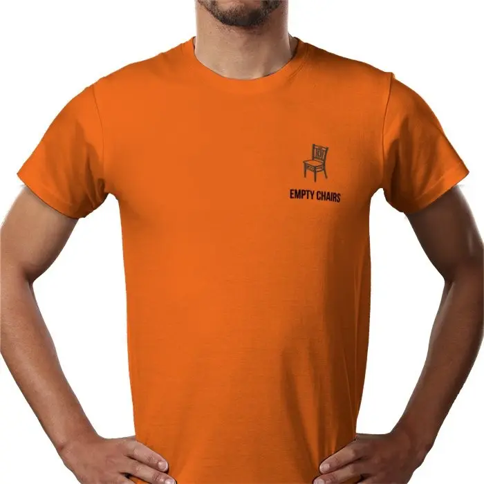 An orange Empty Chairs cotton t-shirt with the chair logo printed on the left of the chest